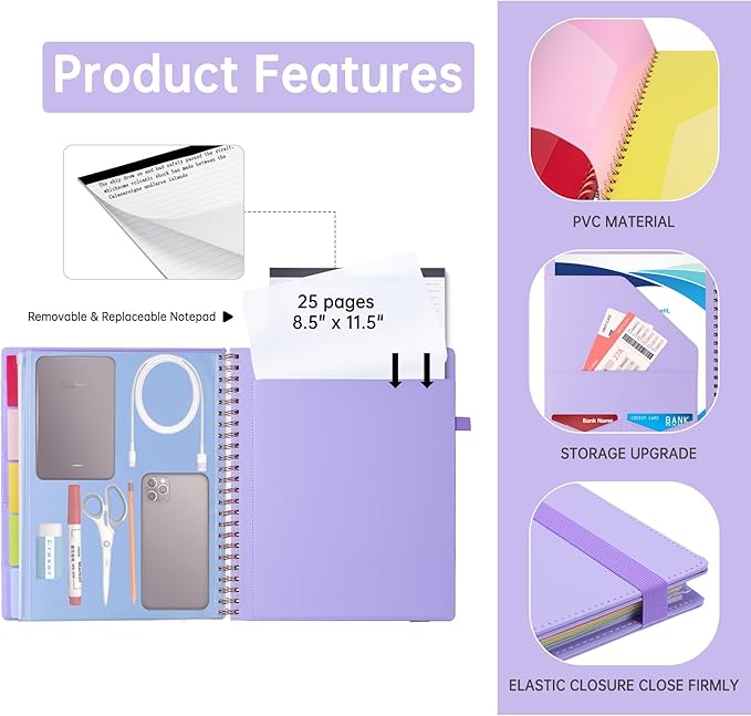 HAUTOCO Spiral Leather Clipboard Folio with Notepad (8.5 x 11''), 5 Folders with 10 Pockets, Storage Zipper Pouch, Pen Loop, 39 Stickers, Padfolio Organizer for Work School, Lavender
