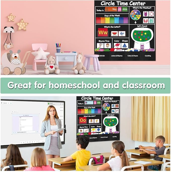 Circle Time Learning Center Pocket Chart, Calendar for Classroom, Educational Pocket Chart Learning Calendar Weather Letter Counting Rhyme Color Shape(Black)