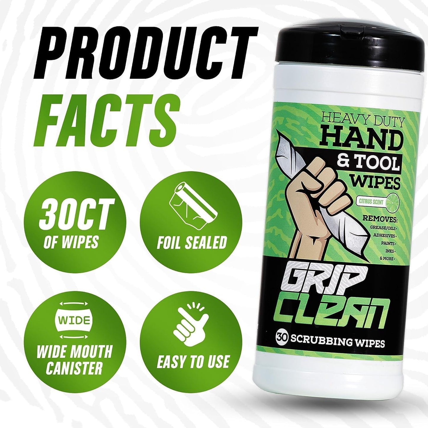 Grip Clean Heavy Duty Hand & Tool Cleaning Wipes – Waterless Hand Cleaner for Mechanics, Garage & Shop Use – Dual-Sided Grease, Oil & Paint Remover Wipes with Citrus Scent - 72ct