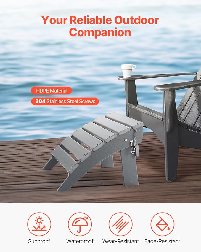 VEVOR Adirondack Ottoman, 16.9L x 18.9W x 13H Inch HDPE Plastic Folding Adirondack Ottoman, Weather-Resistant Foot Rest for Adirondack Chair, Widely Used for Outside Porch Pool Lawn Backyard, Gray