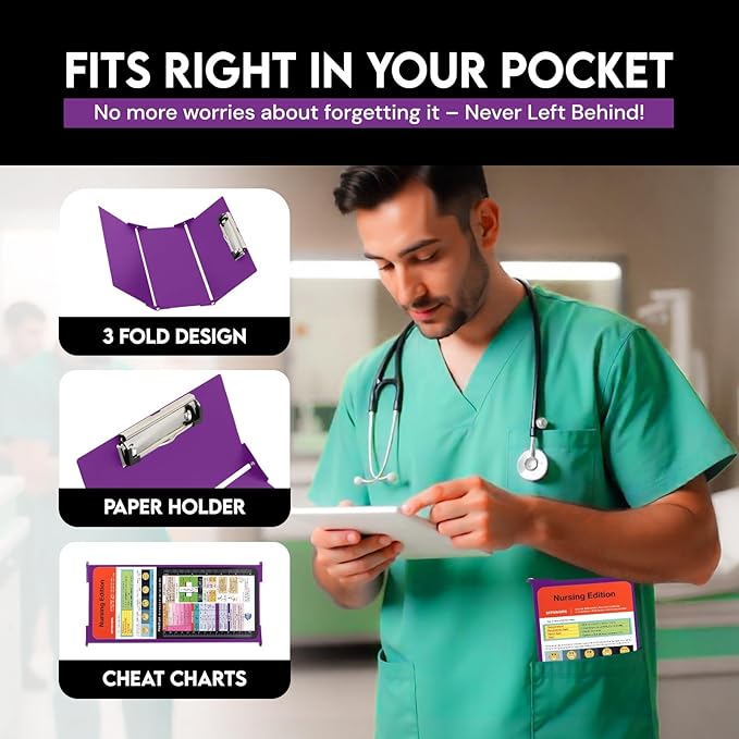Nursing Clipboard with Nursing and Medical Edition Cheat Sheets 3 Layers Aluminum Foldable Nurse Clip Board Nursing Student Essentials - Foldable Clipboard Nursing Nursing School Essentials (Purple)
