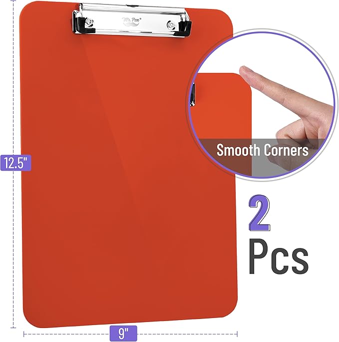 Mr. Pen- Plastic Clipboard, 12.5" x 9", 2 Pack, Clipboard Plastic, Low-Profile Metal Clip with Retractable Hanging Hole