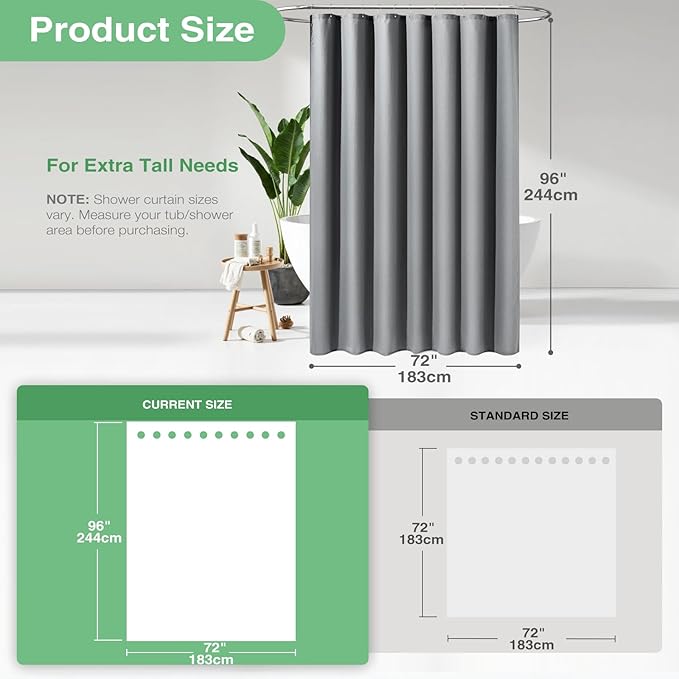 Dynamene Extra Long Shower Curtain,96 Inch Long Waffle Weave Weighted Thick Cloth Bathroom Shower Curtain, Neutral Heavy Duty Hotel Bath Curtain Set with 12 Plastic Hooks,72x96,Grey/Gray