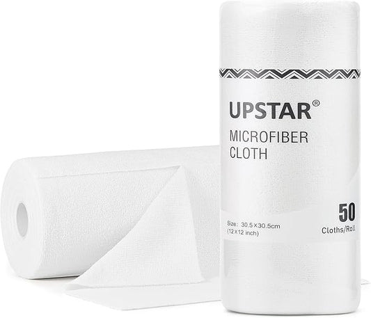 UPSTAR Microfiber Cleaning Cloth, Reusable Paper Towels Rolls, 50 Packs 12x12 inch Cleaning Rags for Washing Dishes, Kitchen, Bathroom, Car, White