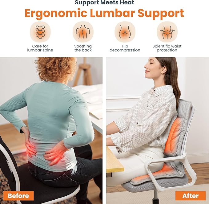 Heated Seat Cushion for Office Chair with Lumbar Support, Extra Large Heated Chair Pad for Pain Relief, Auto Shut Off, 3 Heating Levels, Chair Warmer for Full Back, Waist, Hip, Thigh, Home Use, Grey