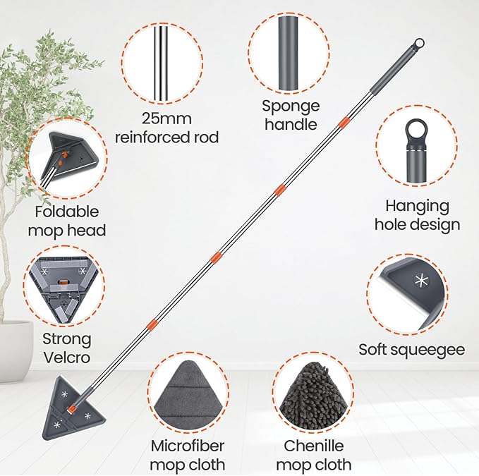 Baseboard Cleaner Tool with 84" Long Handle, 360° Wall Mop with Triangle & Rectangle Heads & 10 Reusable Pads for Baseboard, Wall, Ceiling Cleaning