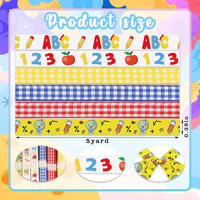6 Rolls 30 Yards Back to School Ribbons - First Day Grosgrain Red Blue Yellow Plaid Apple 3/8" - School Rock Gift Wrapping for Teacher Kindergarten Party Supply