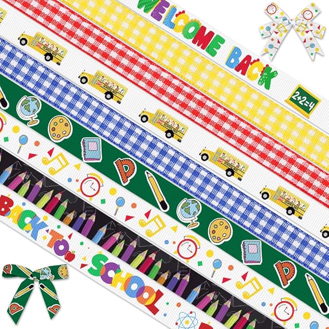 9 Rolls 27 Yards Back to School Grosgrain Ribbons - Red, Blue, Yellow Plaid - 3/8" Gift Wrapping Ribbons for Teacher, Kindergarten Party Supply