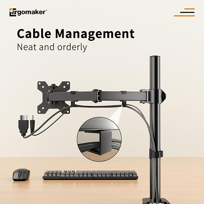 ERGOMAKER Single Monitor Mount for Desk, Monitor Stand Fits 13" to 27" LCD Screens, Fully Adjustable Display Arm with C-Clamp and Grommet Base, VESA 75x75 100x100mm, Black