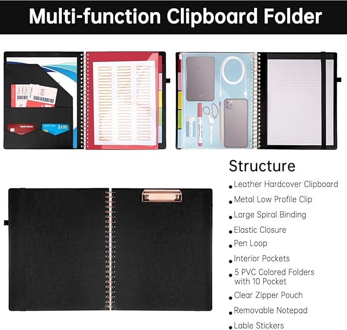 HAUTOCO Spiral Leather Clipboard Folio with Notepad (8.5 x 11''), 5 Folders with 10 Pockets, Storage Zipper Pouch, Pen Loop, 39 Stickers, Padfolio Organizer for Work School, Black