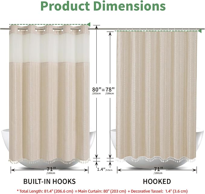 No Hook Long Shower Curtain Set with Snap-in Fabric Liner,Linen Textured Thick Striped Fabric with Tassels,Boho Farmhouse Rustic Luxury Bathroom Curtain,Water-Repellent,Cream/Beige,71x80