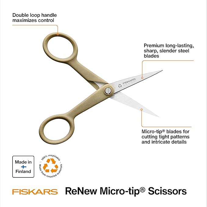 Fiskars 5" Recycled Micro-Tip Fabric Scissors - Sustainable, Sharp, Detail Craft Scissors for Embroidery and Sewing - Craft and Fabric Cutting - Beige