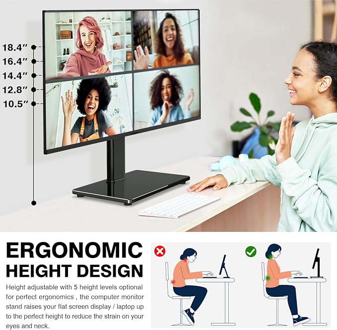 Single Monitor Stand VESA Mount for 13-32 Inch Screens, Free-Standing Monitor Riser with Swivel Tilt Rotation Height Adjustable, Universal Desk Stand up to 44lbs, VESA 75x75, 100x100mm