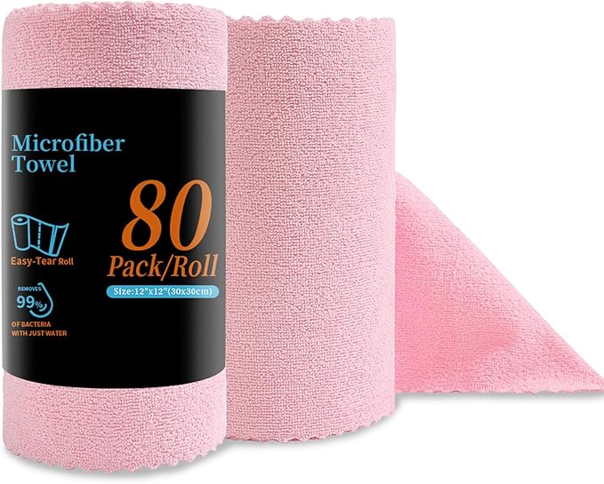 Jessy Home 80 Pack Microfiber Cleaning Cloth Roll Pink Reusable Paper Towels 12"x12" Tear Away Cloth,Microfiber Towels for Cars,Wash Cloths,Lint Free Rags for House,Kitchen,Window,Cleaning Supplies