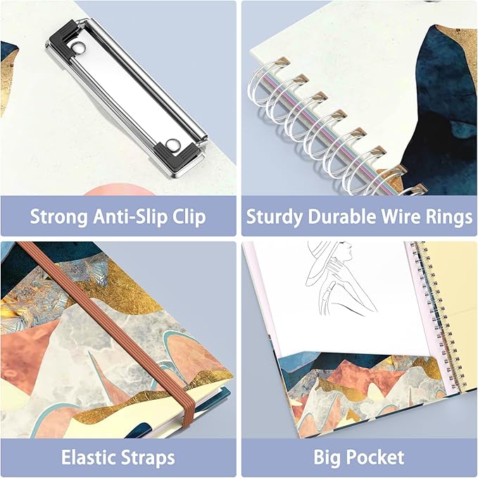 Rimilak Spiral Clipboard Folio with Refillable Lined Notepad, 14.5 x 9.8 In, Hardcover Cover with 5 Interior Pockets, Elastic Band and Pen Loop Series. Cute Stylish Clipfolio, Watercolor Sunset
