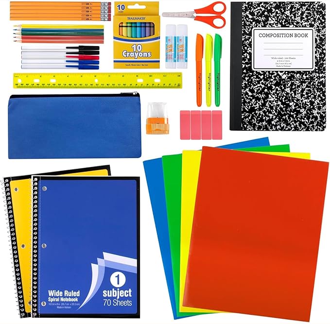 Trail maker School Supplies Kit 45 Piece School Supply Kit Grades K-12 – Back to School Essentials Includes Folders Notebooks Pencils Pens and Much More!
