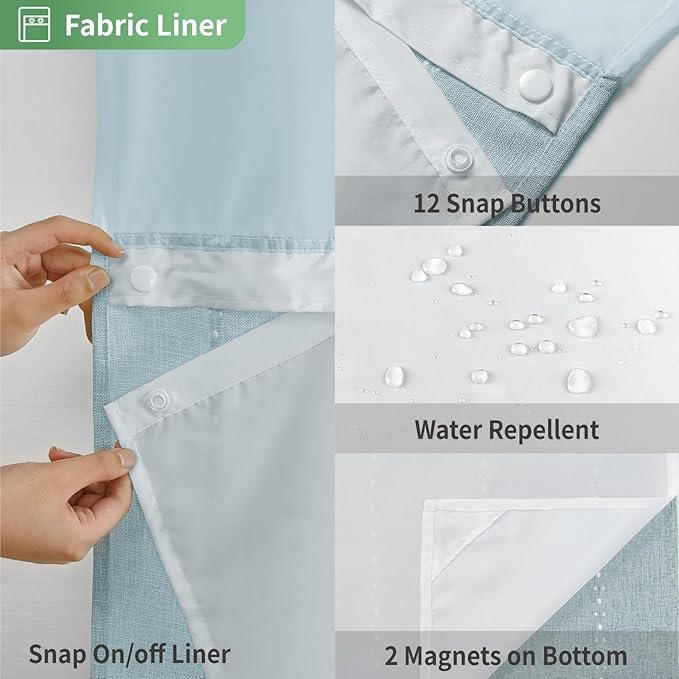 No Hook Extra Long Shower Curtain Set with Snap-in Liner,Linen Textured Thick Striped Fabric with Tassels,Boho Chic Modern Farmhouse Bathroom Curtain,Water-Repellent,Fog Blue,71x86