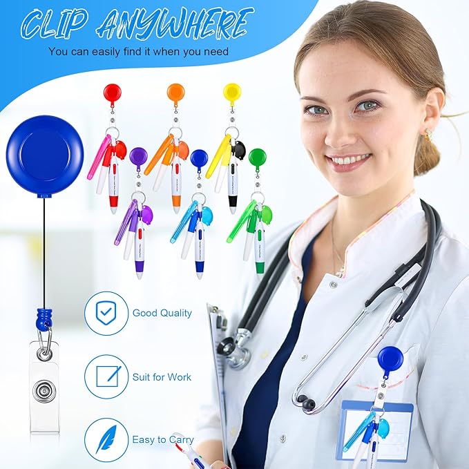 Chinco 30 Pcs Retractable Shuttle Pen Clip with Mini Highlighter Nurse Badge Pen Neon Marker LED Keychain Ring Clip