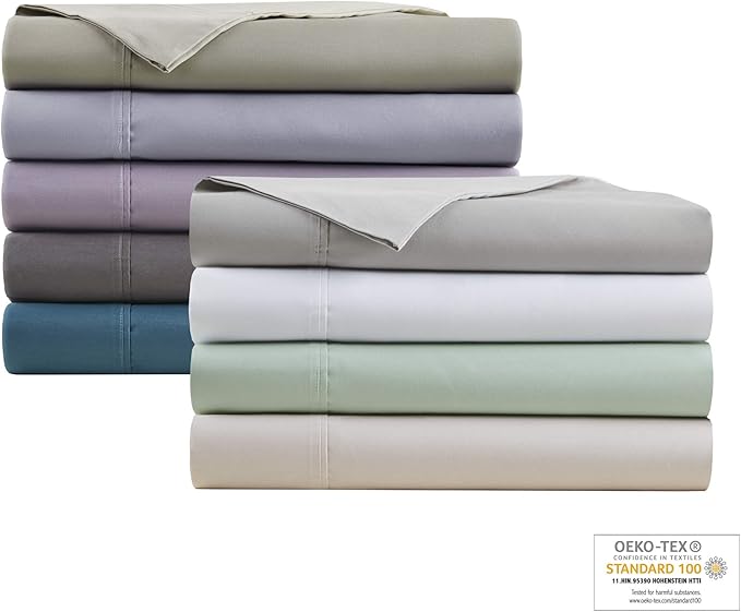 Madison Park 600 TC Cooling Cotton Blend Solid Sheet 16 Inch Deep Pocket, All Season, Soft Bedding-Set, Matching Pillow Case, King, Seafoam 4 Piece.