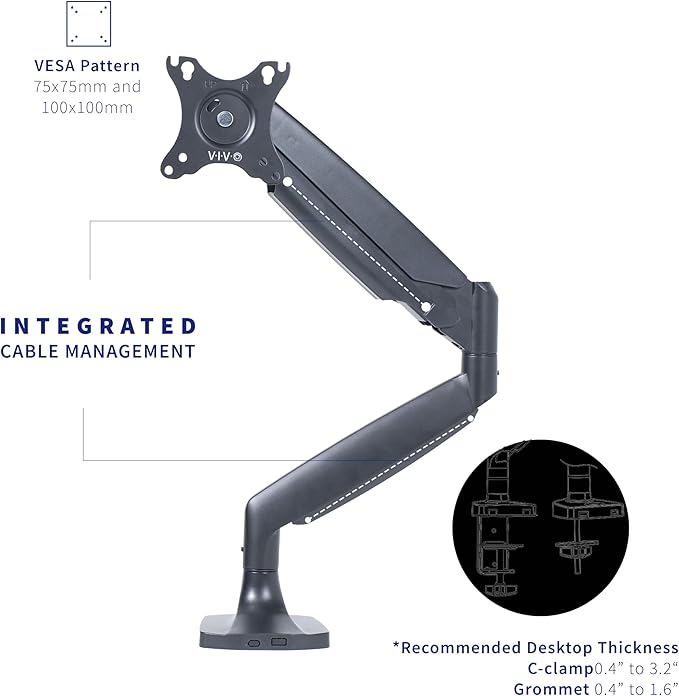 VIVO Premium Aluminum Heavy Duty Single Monitor Arm for Ultrawide Monitor up to 40 inches and 24 lbs, Desk Mount Stand, Pneumatic Height, Max VESA 100x100, Black, STAND-V101Q