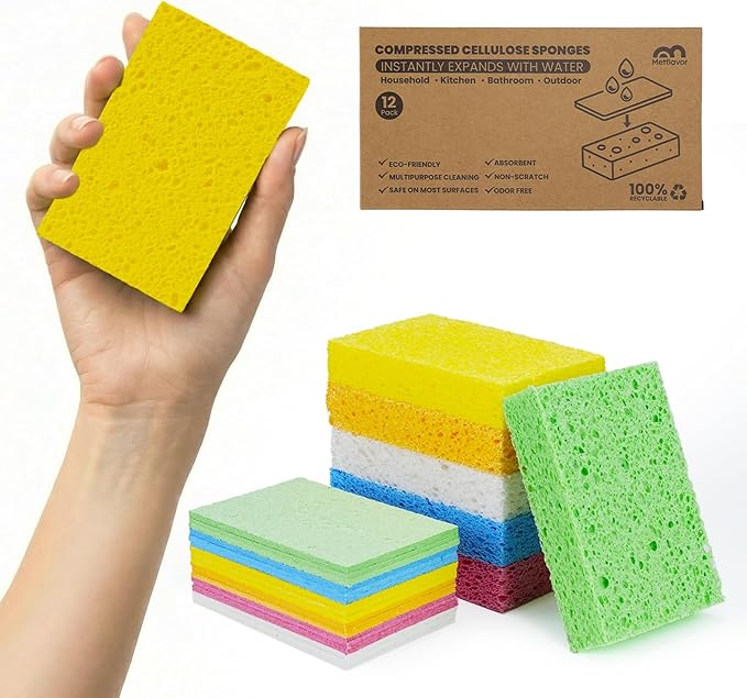 Kitchen Sponges, 12 Count, Compressed Natural Cellulose Sponges, Non-Scratch for Dishes, DIY Fun, Biodegradable & Compostable