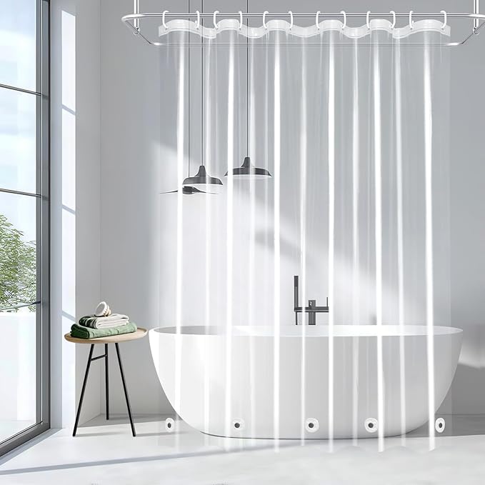 EurCross Shower Curtain Liner with Hooks and 5 Magnet Weights, Waterproof Premium 9G PEVA Clear Shower Liner or as See-Through Plastic Shower Curtain 72x72inch