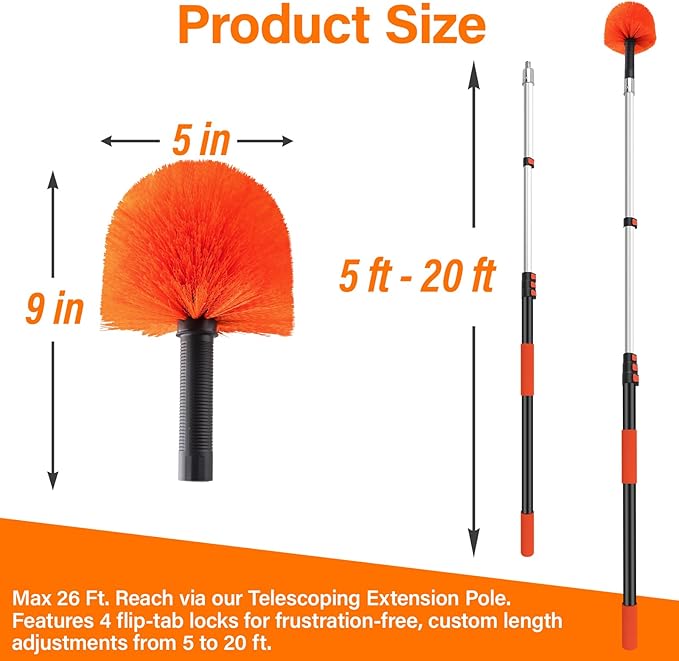 26FT Cobweb Duster with Extension Pole - High Reach Duster for High Ceilings & Outdoor Use - Telescoping Pole 5-20 Ft, Soft Bristles Cobweb Cleaner - 3/4" Acme Universal Thread