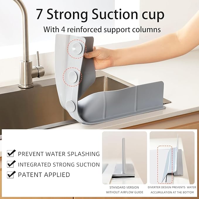 23" Ultra Silicone Sink Splash Guard Released in 2025/Dec,Self-Draining Water Splash Guard for Kitchen Sink,Bathroom and Island,with 3.5" High Splash Guard & 7 Strong Suction Cup (Grey)