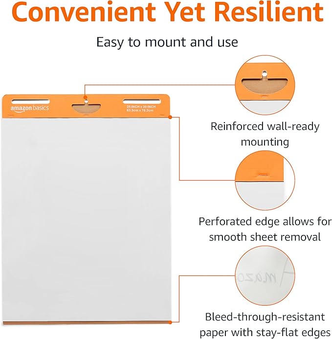 Amazon Basics Sticky Easel Pads for Presentations, Brainstorming, Classroom Use, Bleed-Resistant, Easy to Hang, 25 x 30 in, White, 2-Pack