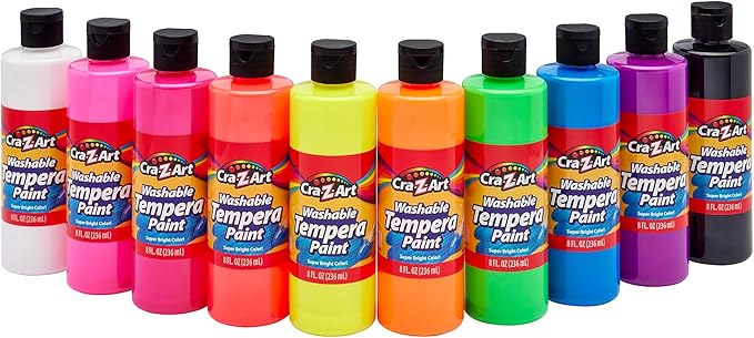 Cra-Z-Art POP! Neon Washable Tempera Paint For Kids Bulk Pack 10ct, Assorted Fluorescent Colors Tempera Paint Set 8oz each bottle, Back To School Teachers Supplies