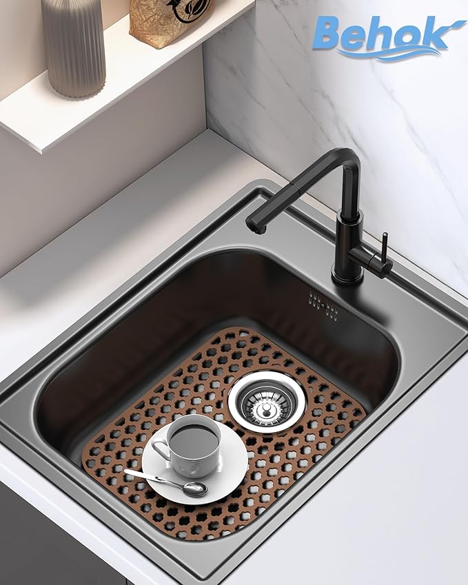 2 Pack Silicone Sink Protector for Kitchen Sink Bathroom, 13.58" x 11.6" Heat-resistant Sink Mat Non-Slip and Durable Silicone Protectors, Rear Drain, Coffee