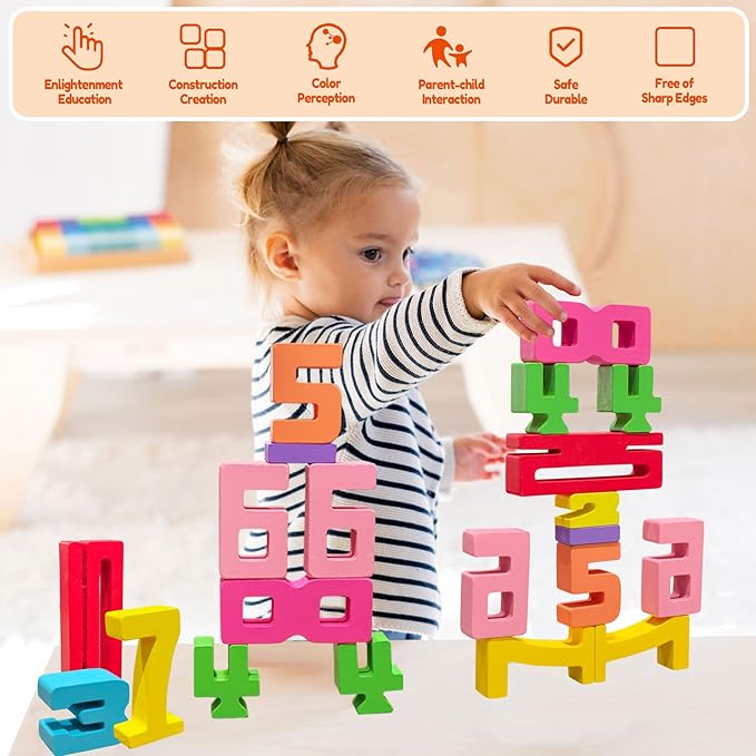 20Pcs Wooden Number Building Blocks,Montessori Number Blocks Math Learning Digital Building Blocks Digital Educational Counting Learning Toys for Parent-Child Interaction Skills Valentines Day Gifts