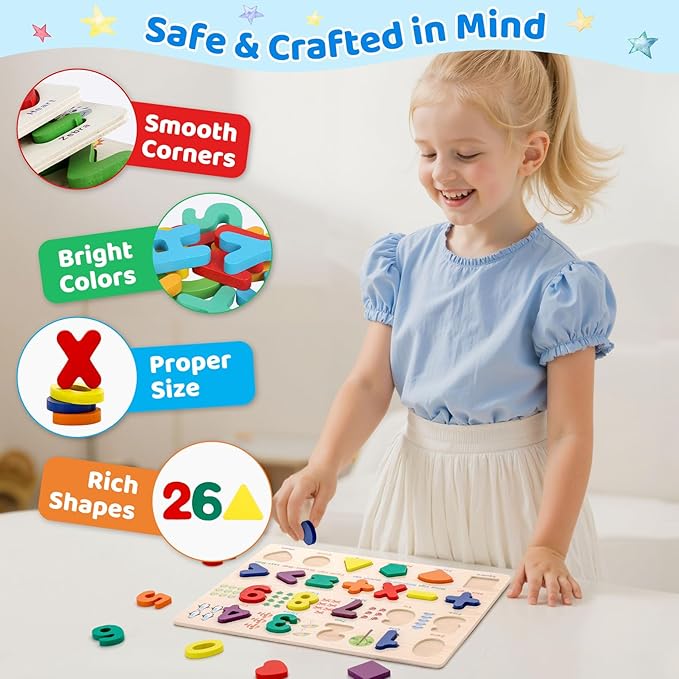 Number Puzzle Wooden Puzzles for Toddlers, Shape Learning Puzzles Toddler Toys with Puzzle Board & Letter Blocks, Preschool Educational for Girls Boys, Pattern Number