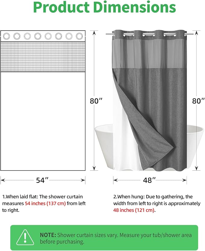 Stall No Hooks Needed Linen Textured Shower Curtain with Snap-in Fabric Liner Set,Hotel Luxury Decor Farmhouse Shower Curtains for Bathroom,Waterproof & Washable,54Wx80H,Charcoal Grey