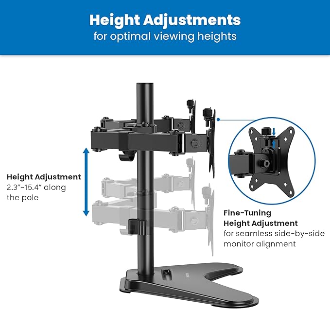 Mount-It! Dual Monitor Stand for Desk, Free Standing Monitor Mount for 2 Screens up to 32”, Height Adjustable with Tilt, Swivel & Rotation, VESA 75x75 & 100x100