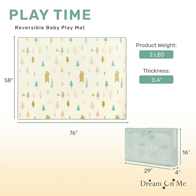 Dream On Me Play Time Reversible Baby Playmat, Foldable Extra Large Thick Foam Crawling Playmats for Toddlers, Waterproof Portable Playmat for Babies