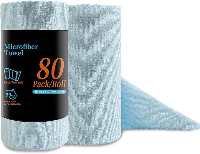 Jessy Home 80 Pack Microfiber Cleaning Cloth Roll Reusable Paper Towels 12"x12" Tear Away Cloth, Microfiber Towels for Cars, Wash Cloths, Lint Free Rags for House, Kitchen,Window,Cleaning Supplies