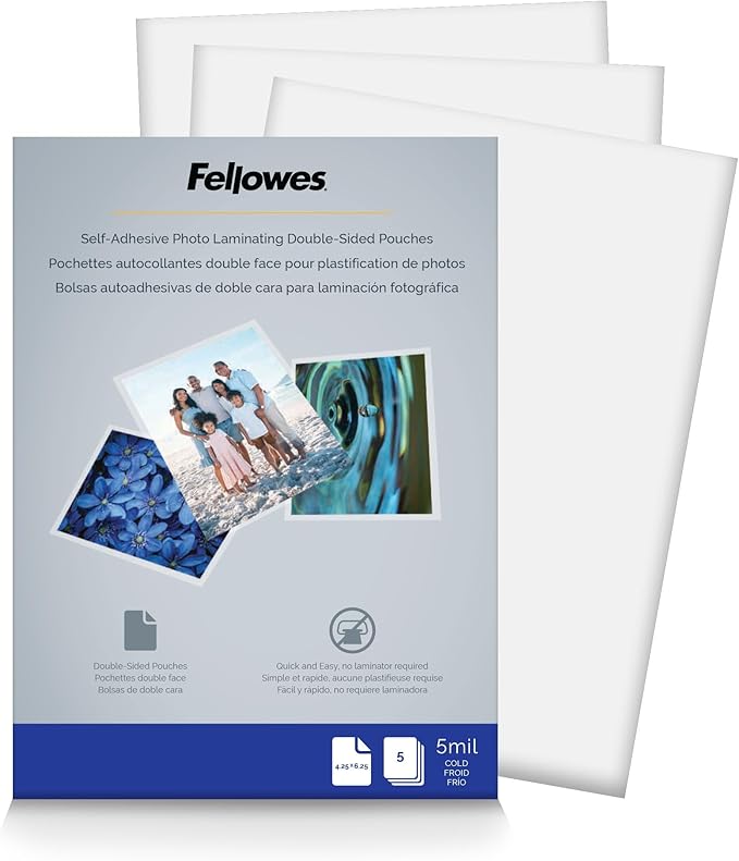 Fellowes, Self-Adhesive Laminating Pouches, 5 Mil, Photo Size, 5 per Pack (5220401)