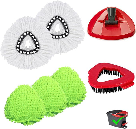 7 Pack Reusable Microfiber Mops Pads Compatible with O-Cedar EasyWring Triangle Mop,3 Elastic Mops Head 2 White Mop Replacement,One Scrub Brush & One Base for Deep Clean,Machine Washable Mopp Refills