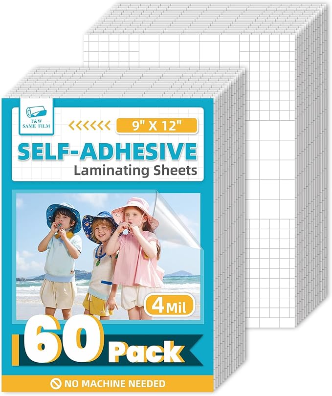 T&W SAME FILM 60 Pack Self Adhesive Laminating Sheets, 4mil, 9 x 12 Inch Laminator Sheets, Self Sealing Laminating Sheets for Laminator, Round Corner, No Heat, No Machine Needed