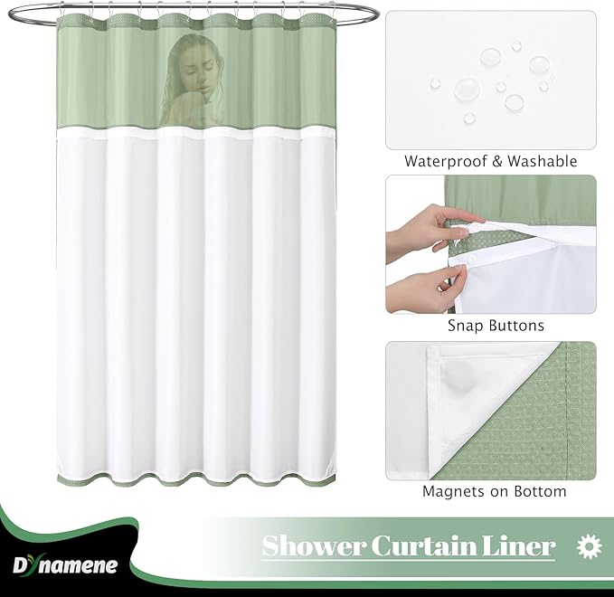 Dynamene Fabric Shower Curtain with Snap in Liner, Sage Green Waffle Hotel Shower Curtains for Bathroom, Washable Waterproof Cloth Shower Curtain Liner Set with Plastic Hook, Mesh Top Window, 72x72