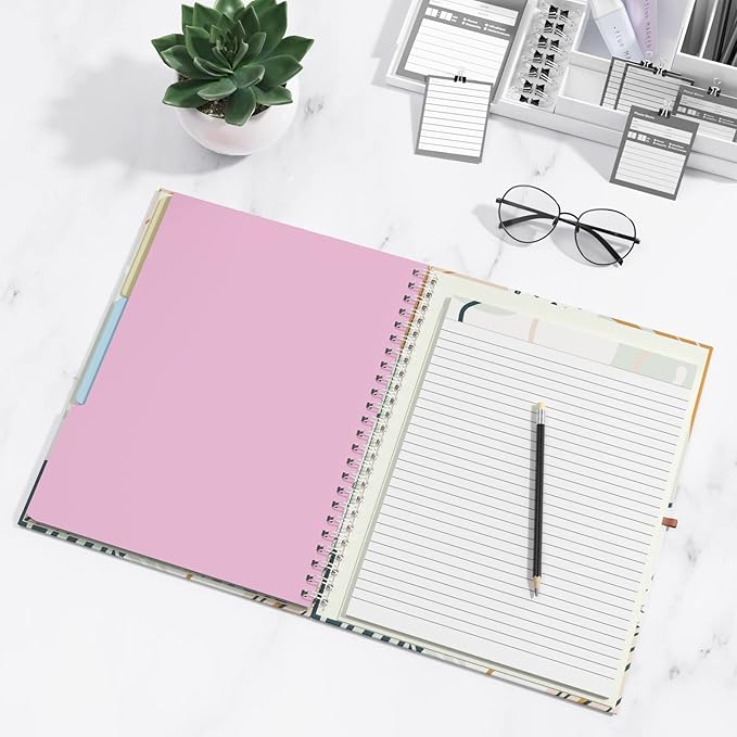 Rimilak Spiral Clipboard Folio with Refillable Lined Notepad, 14.5 x 9.8 In, Hardcover Cover with 5 Interior Pockets, Elastic Band and Pen Loop Series. Cute Stylish Clipfolio, Bohe Leaves