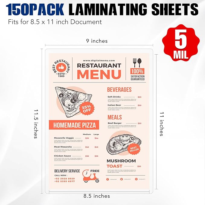 Thermal Laminating Pouches 5 Mil,150 Pack Laminating Sheets, 9 x 11.5 Inches Lamination Sheet Paper for Laminator, Clear, Round Corner Letter Size, Office School Supplies