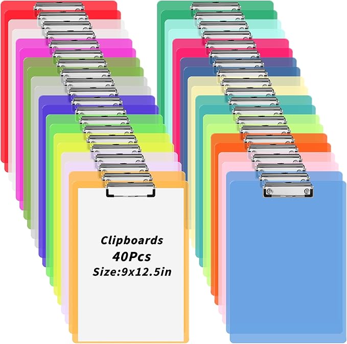 40 Pcs Plastic Clipboards Bulk 20 Assorted Colors 12.5 x 9 In Clear Colored Clip Board Standard A4 Letter Size Low Profile Clipboard Portable for Classroom Office Supplies Students Back to School