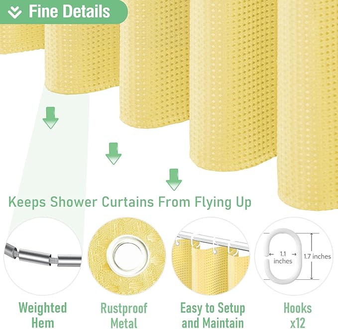 Dynamene Extra Long Shower Curtain - 84 Inch Long Waffle Weave Heavy Duty Fabric Bathroom Shower Curtain, Neutral Weighted Hotel Thick Bath Curtain Set with 12 Plastic Hooks,72x84, Yellow