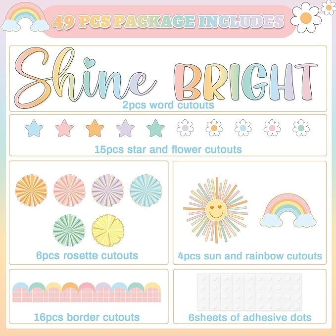 Boho Shine Bright Bulletin Board Set Summer Pastel Sun Classroom Decorations Colorful Rainbow Flowers Paper Cutouts for Teacher Supplies Back to School Nursery Chalkboard Home Office Wall Door Decor