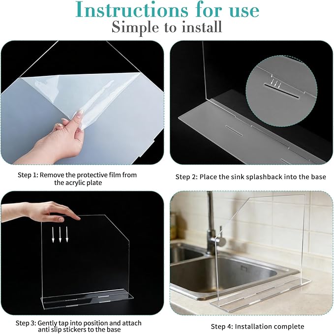 4 Pcs Acrylic Sink Splash Guard with Base 16.14 x 13.38 Inch Plate Countertop Partition Transparent Freestanding Panel Barrier for Hospitals Labs Home Kitchen Bathroom