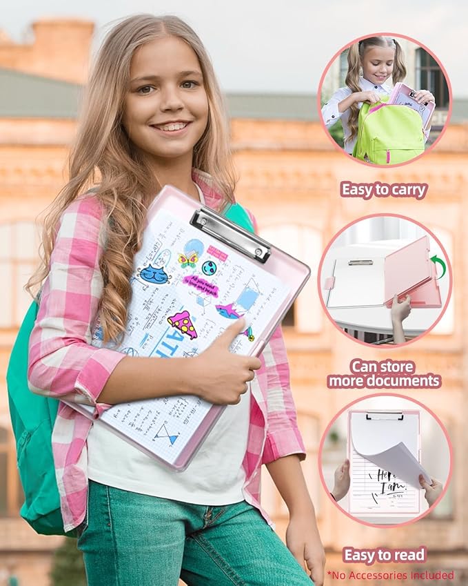 Clearview Clipboard with 2 Storage, Dry Erase 8.5x11 Heavy Duty ClipBoards - High Capacity Coaches Clip Board with Pen Holder - Side Opening Plastic Nursing Clip Case (Pale Pink)