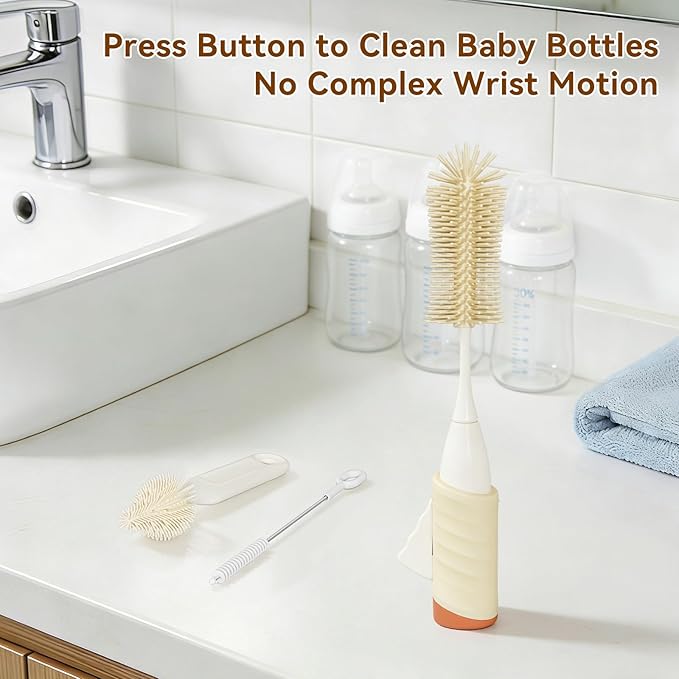 Bottle Brush Set, Innovative Efficient Press-to-Spin Brush Cleaner - Includes Silicone Baby Bottle Brush, Nipple Brush, Straw Cleaner - Spinning Generates Rich Foam for Deep Cleaning, Red