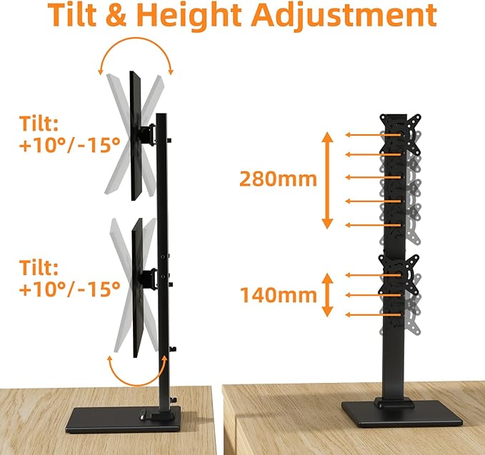 Suptek Dual Monitor Stand with Base- Vertical Stack Screen Free-Standing Monitor Riser Fits Two 13 to 36Inch Screen with Swivel, Tilt, Height Adjustable,50,75 and 100mm Vesa Base Stand